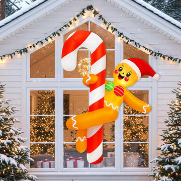 6 FT Funny Christmas Inflatables Outdoor, Gingerbread Inflatable Decorations Dance Around a Candy Cane Decor