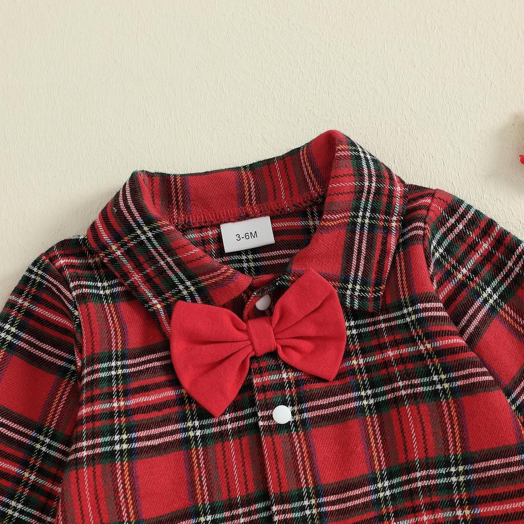 Baby Boy Christmas Outfit Plaid Long Sleeve Bodysuit Attached Bow Corduroy Romper Overalls 2 Pcs Set