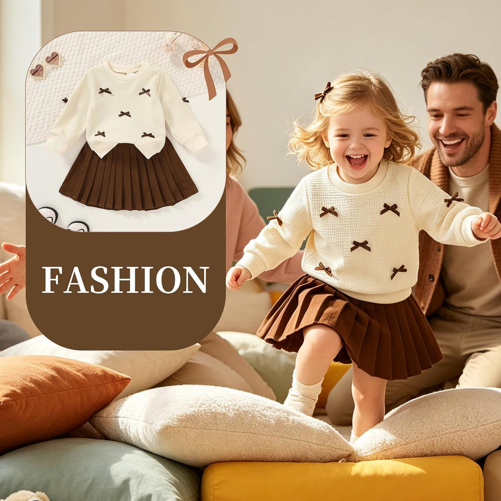 Toddler Girl Fall Winter Clothes Waffle Knit Sweatshirt Pleated Skirt Set