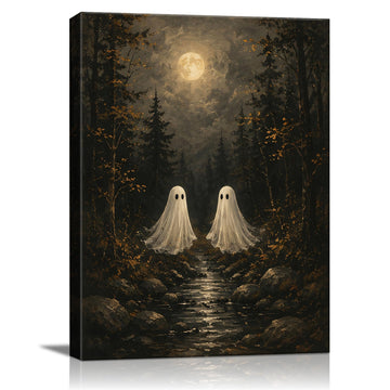 Halloween Canvas Wall Art, Two Ghosts Moonlit Forest Halloween Pictures