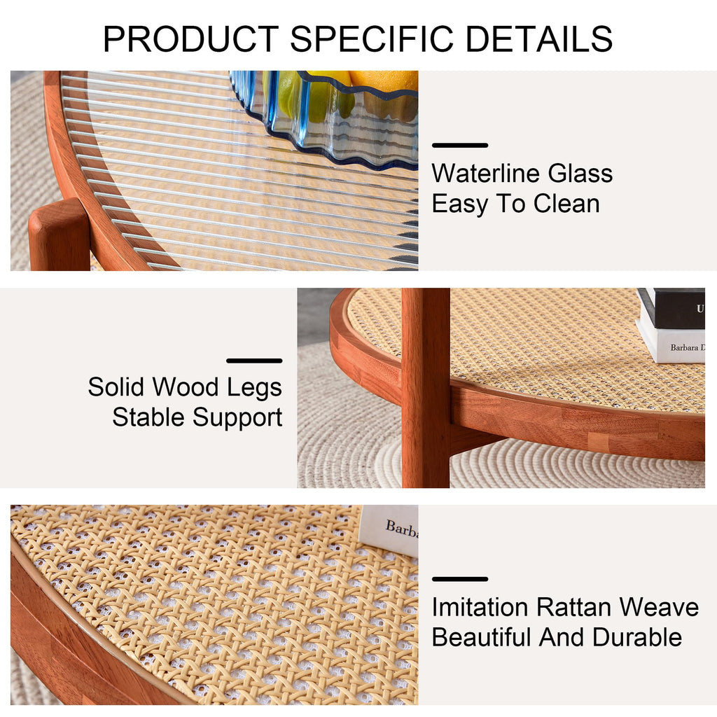 Chinese Style Coffee Table, 34.64" Log Style Faux Rattan Round Double-Layer Solid Wood Coffee Table with Craft Glass