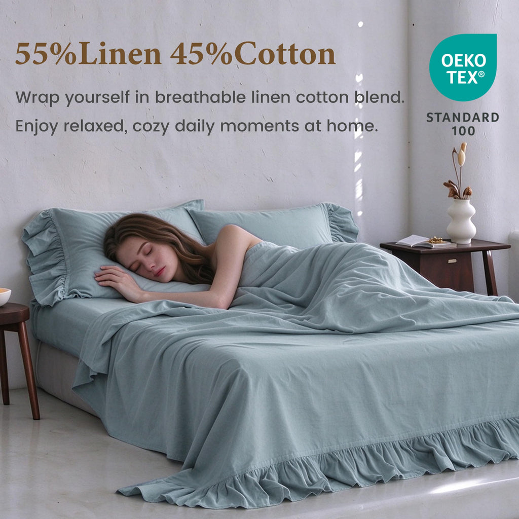 Belgian Linen Sheet Set with Long Ruffles 4pcs (1 Flat Sheet, 1 Fitted Sheet & 2 Pillowcases) Solid Shabby Vintage