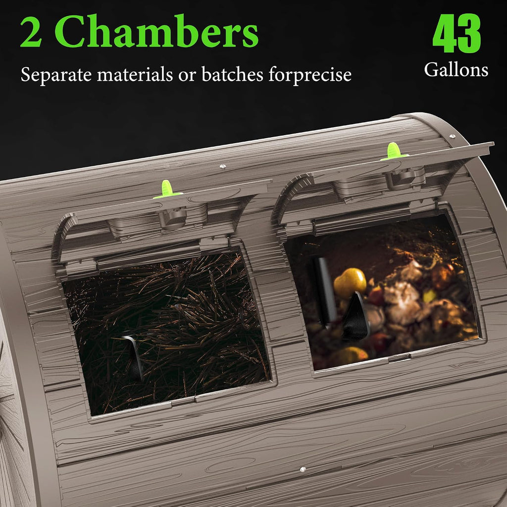 Dual Chamber Tumbling Composter, 43 Gallon Outdoor Tumbling Composter, Rotating Design with Renovate Doors and Steel