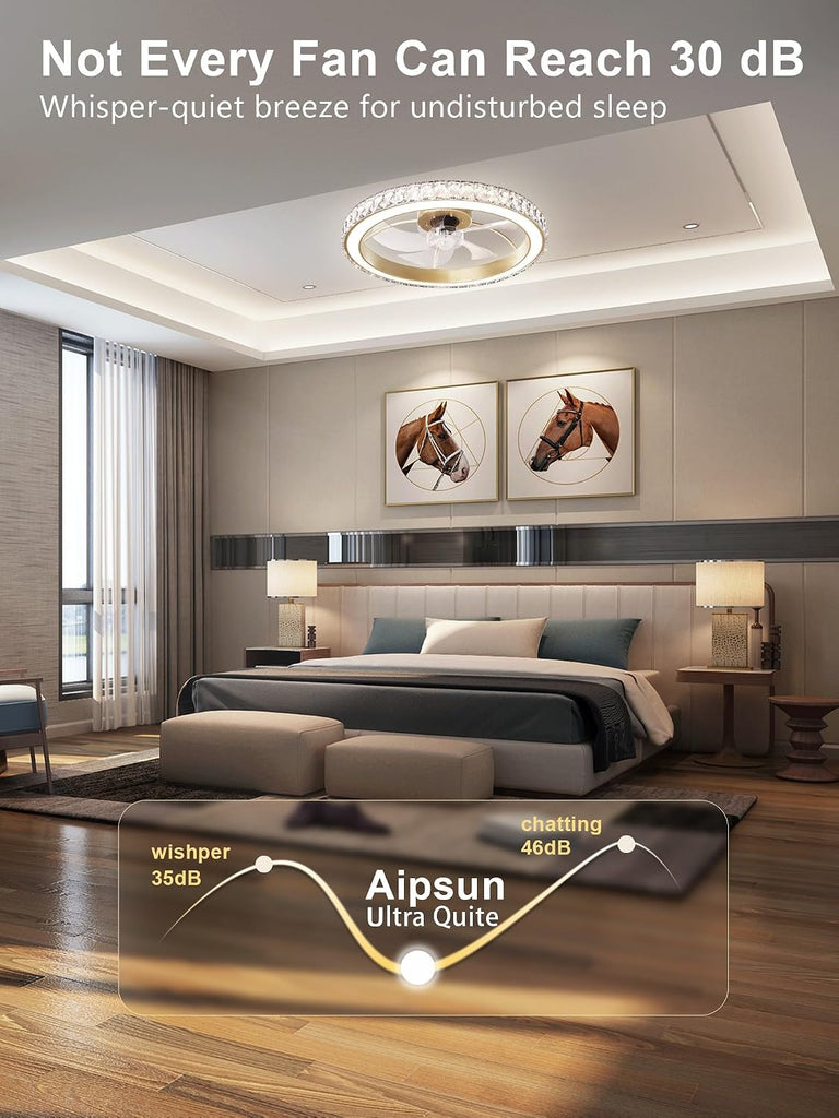 Low Profile Modern Crystal Chandelier Ceiling Fans with Lights and Remote, 3000K-6500K Smart Bladeless LED Fan Light