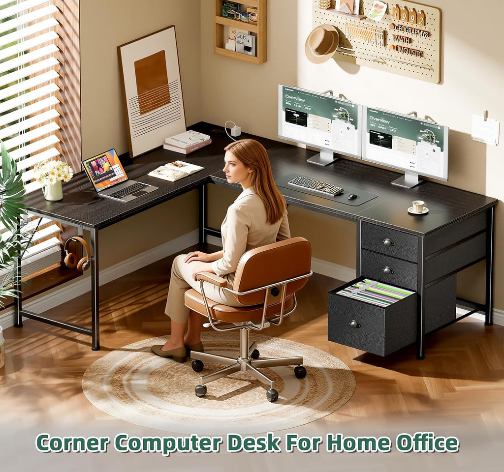 63" L Shaped Desk with Power Outlets & USB-C Port, Reversible Corner Computer Desk with 3 Fabric Drawers, Hooks, Home