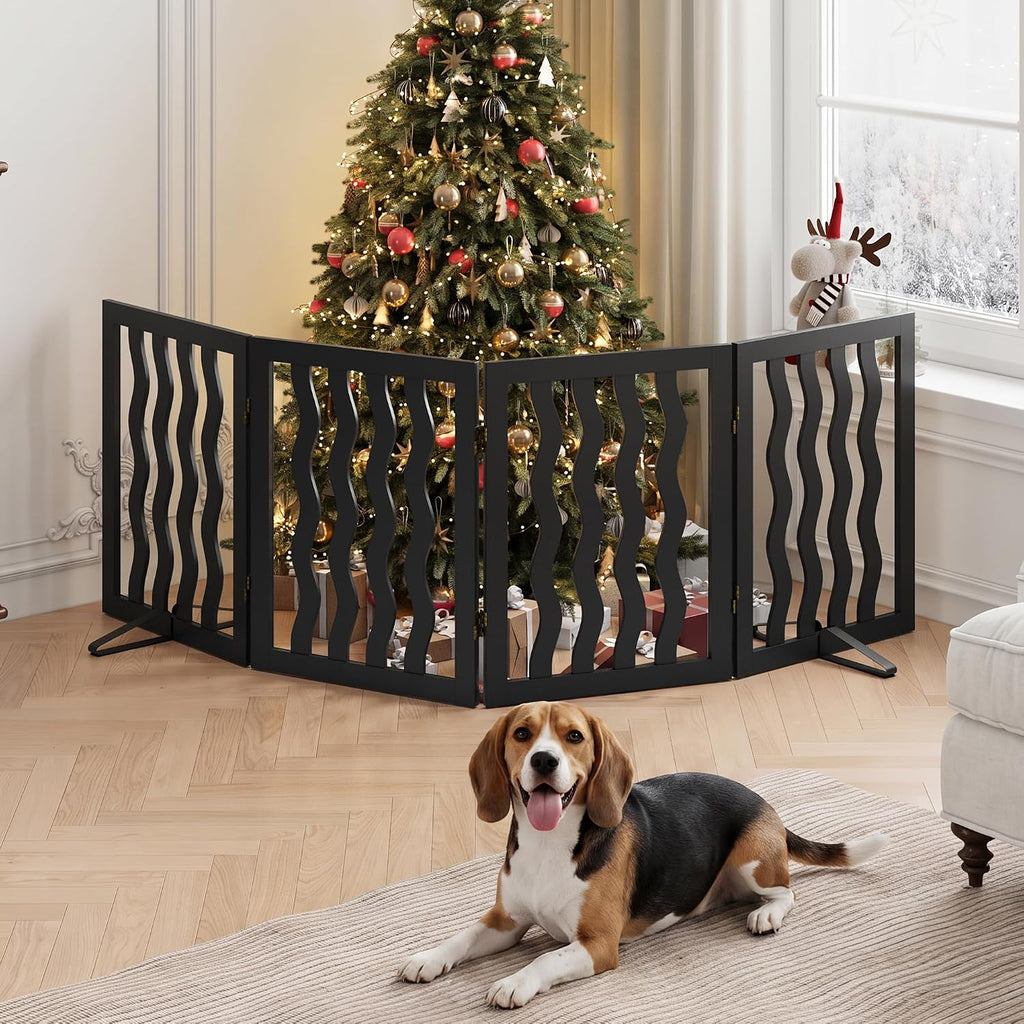 Dog Gate, Wavy Freestanding Dog Gates for Doorways 4 Panels (Black)