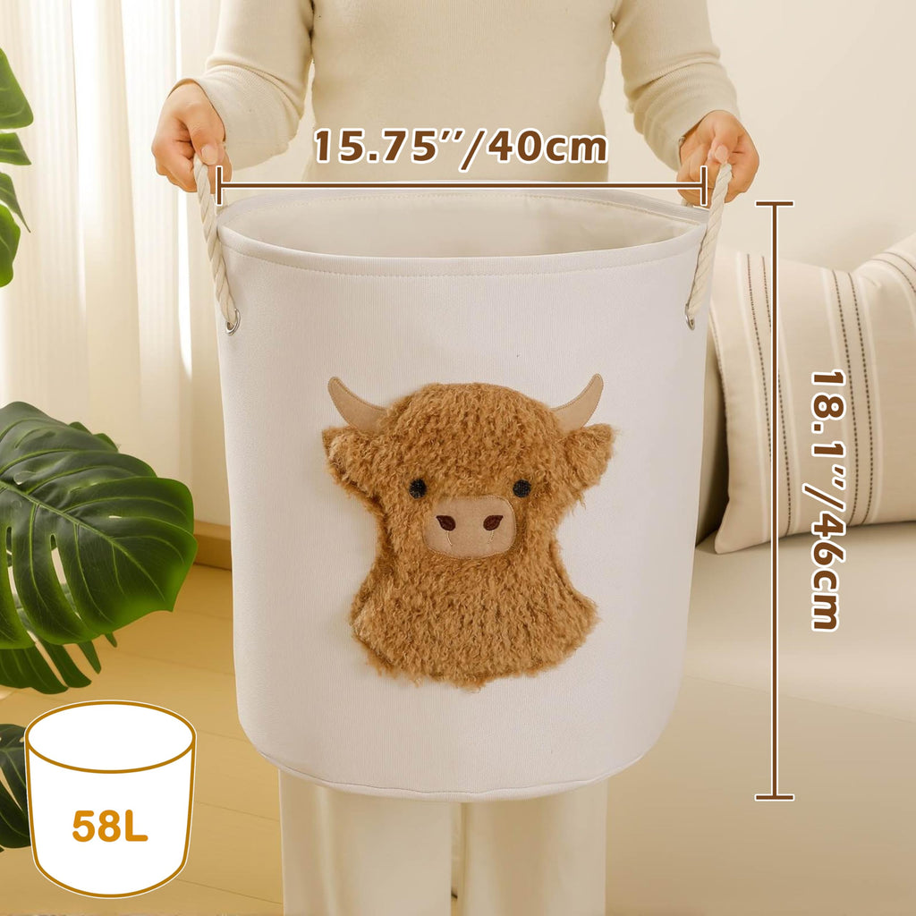 Kids Laundry Basket Baby Hamper , 58L Large Dirty Clothes Hampers with Drawstring Closure, Highland Cow Baby Stuff