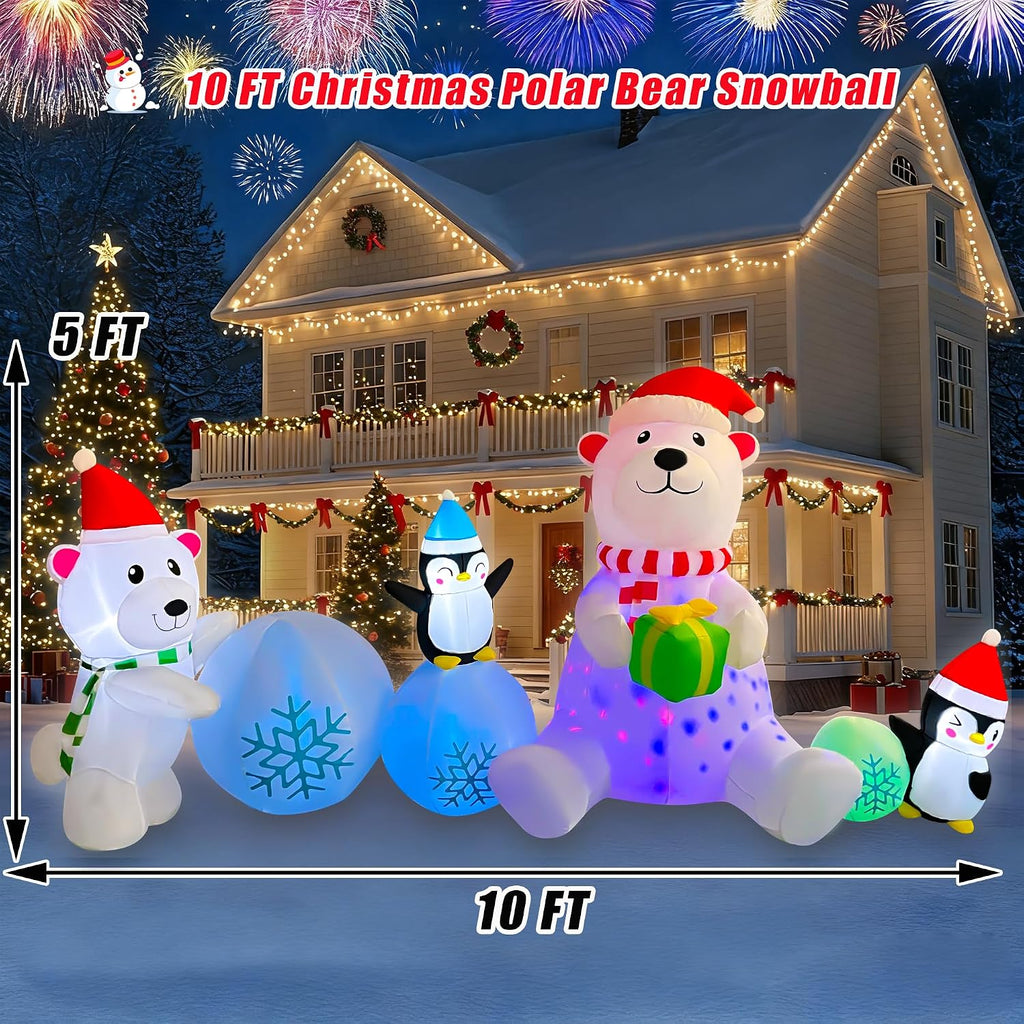 10 FT Long Christmas Inflatable Polar Bear Snowball Decoration, Colorful Rotating Lights Blow Up Xmas Polar Bear with