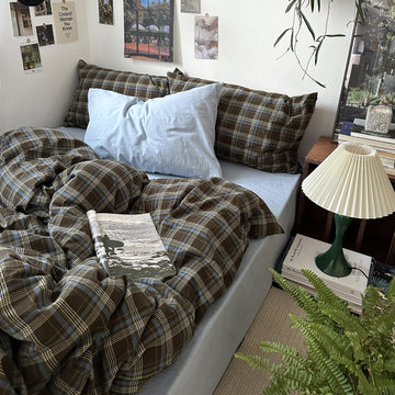 Vintage Buffalo Plaid Duvet Cover Set - 3 Piece Washed Cotton Bedding Set with Grid Pattern, Soft &