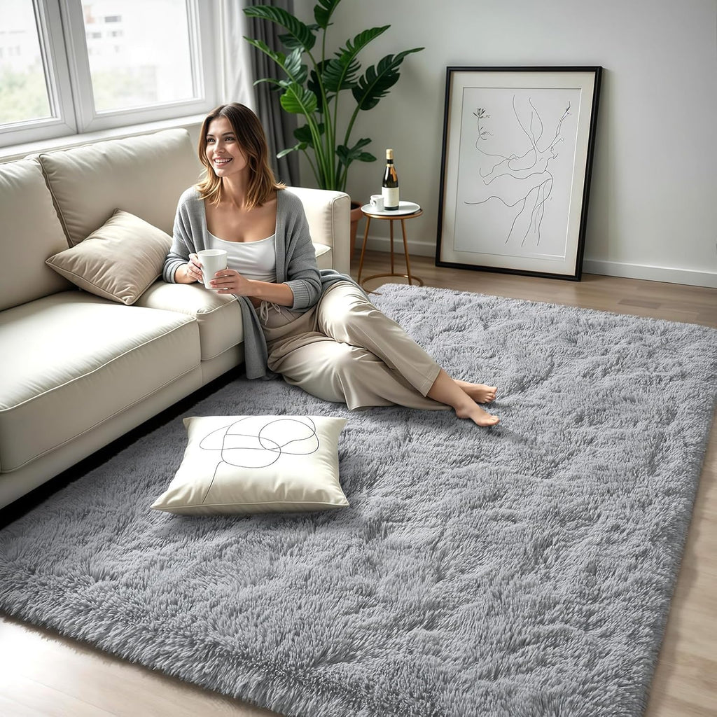 Area Rugs for Living Room Grey Rugs for Bedroom 4x6 Carpet Fluffy Furry Soft Shag Aesthetic Plush High Pile Gray