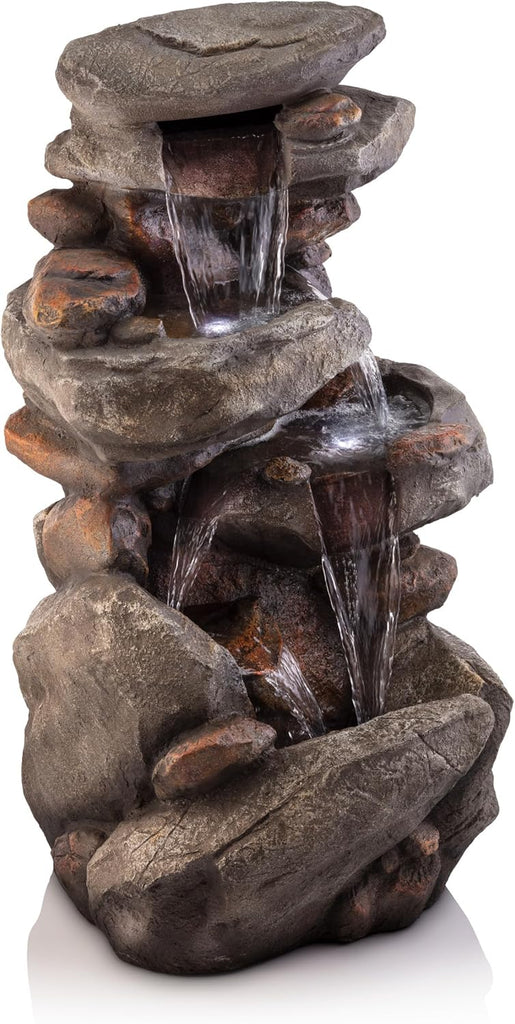 40" 4-Tier Rock Floor Fountain with Cascading Water & White LED Lights, Tranquil Outdoor Water Feature