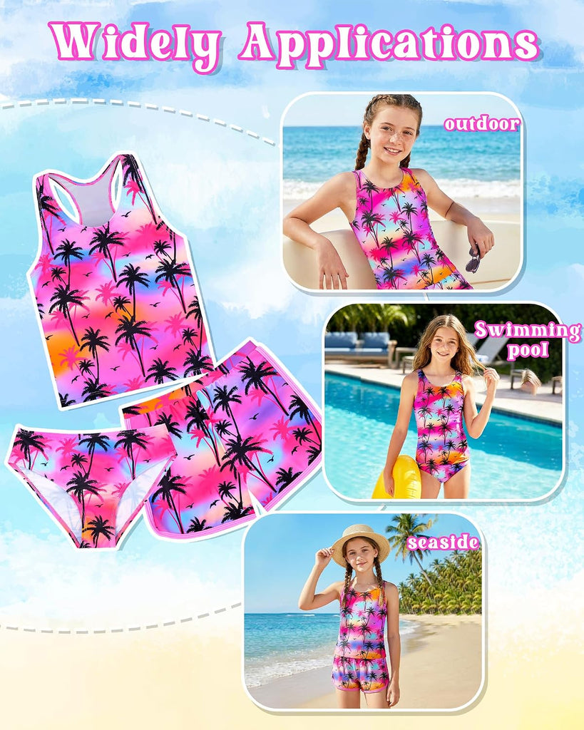 Girls Tankini Swimsuit 3 Piece Bathing Suit Set Cute Bikini Swimwear with Shorts Summer UPF 50+ Racerback Kids Swim