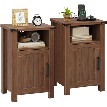 Farmhouse Nightstand with Charging Station, Set of 2, Walnut