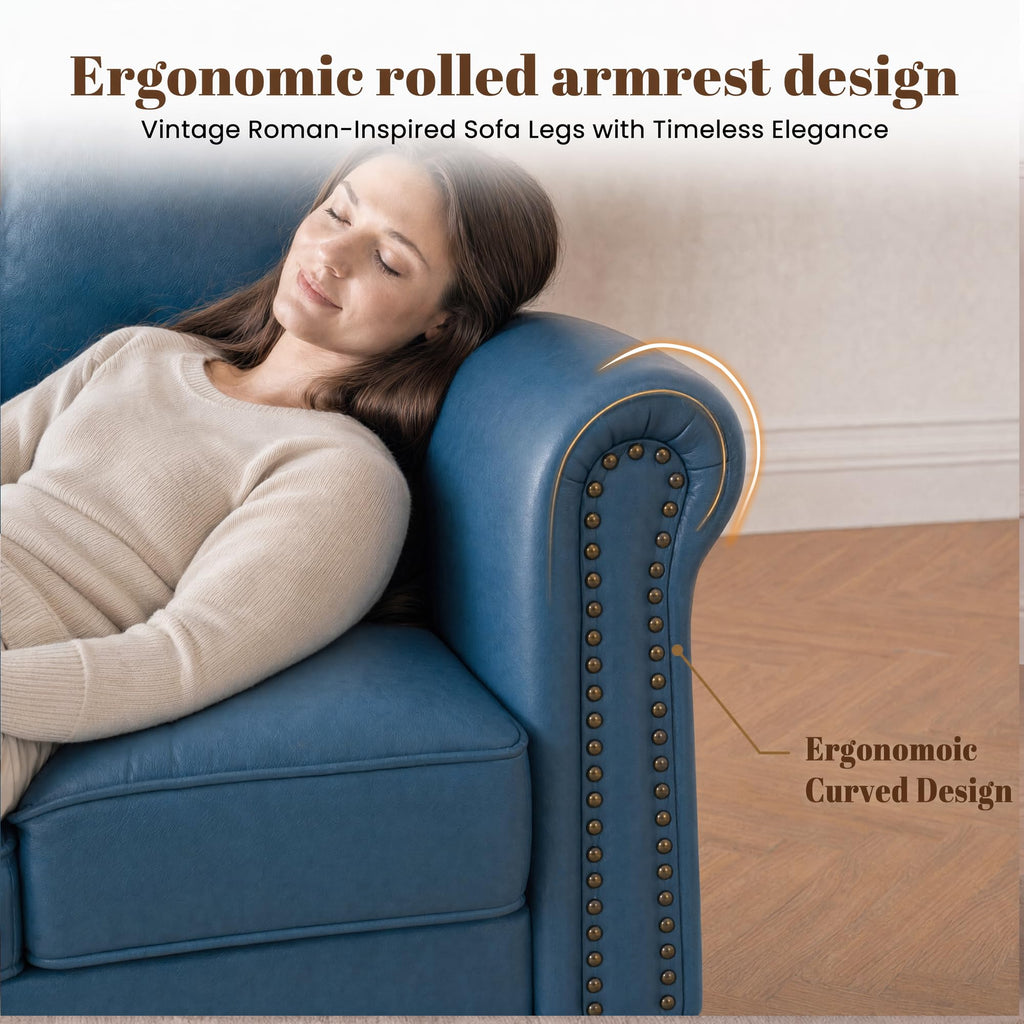 Faux Leather Loveseat Sofa with Rolled Arms, Royal Blue