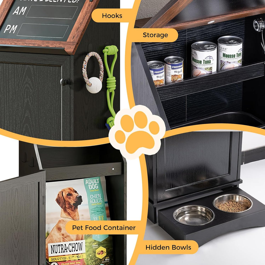 Dog Food Feeding Station with Storage, Pet Food Storage Cabinet with Bowls and Flip-Top Blackboard, Hidden Trash Can