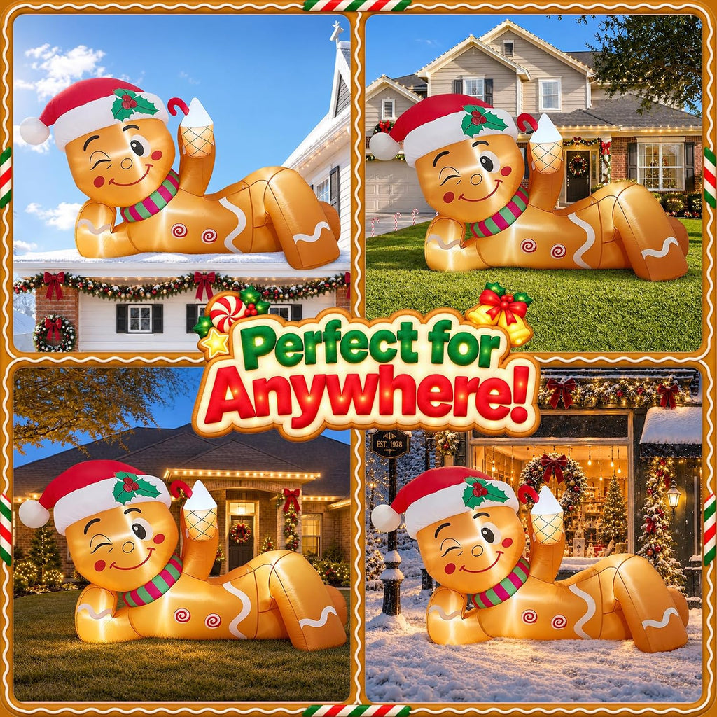 10FT Christmas Inflatable Funny Lying Gingerbread Man for Roof & Yard Decor