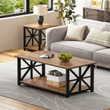 Coffee Table with Round Corner, Farmhouse Center Table with 2-Tier Storage Shelf X-Frame Design, 39 inch Walnut