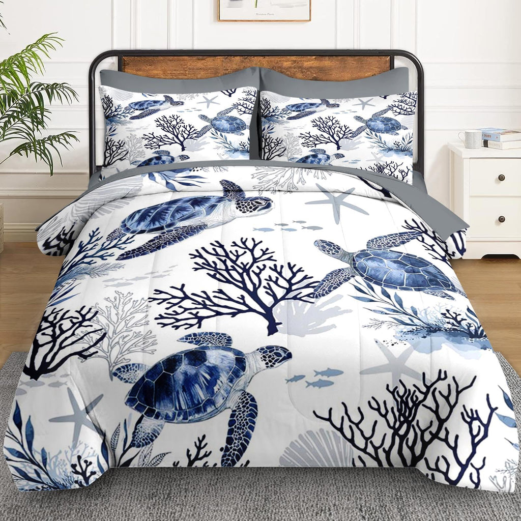 Queen Comforter Set with Sheets, 7 Pieces Turtle Sea Bedding
