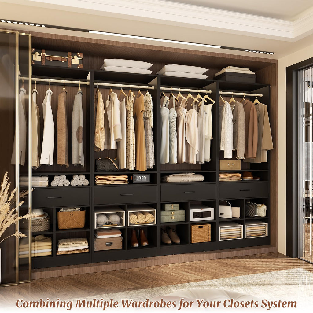 Freestanding Closet System with Wood Drawer and 4 Cubby Storage, Closet Organizer with Hanging Rods & Shelves, 25" W