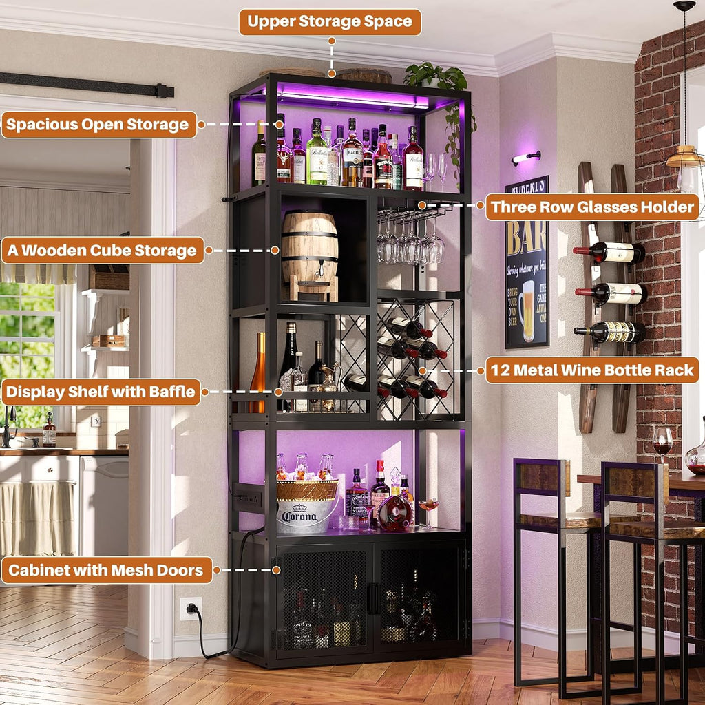 82.6" Tall Bar Cabinet with Power Outlets & LED Lights, Liquor Cabinet Bar , Reversible Coffee Station Wine Cabinet