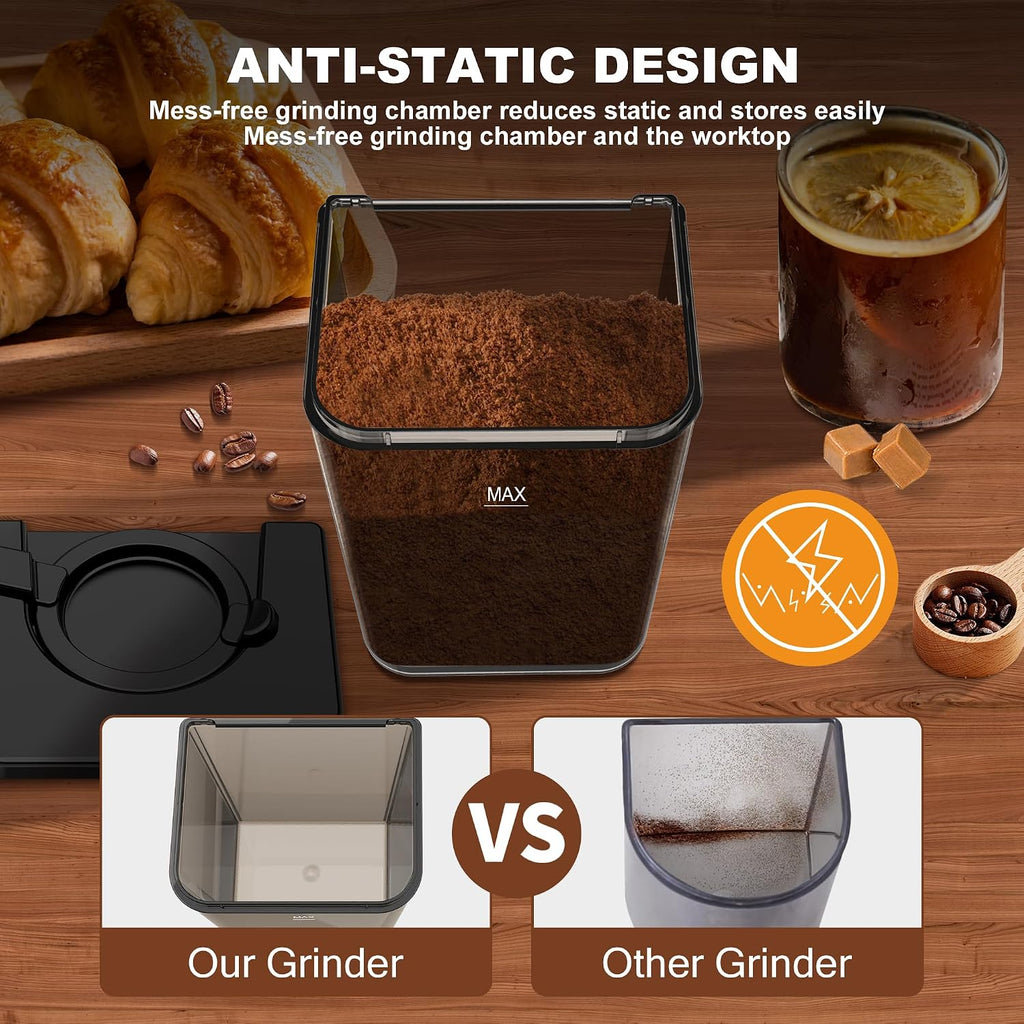 Electric Conical Burr Coffee Grinder with Portafilter Holder, Black | 48 Grind Settings, 35s Timer, Anti-Static, Easy