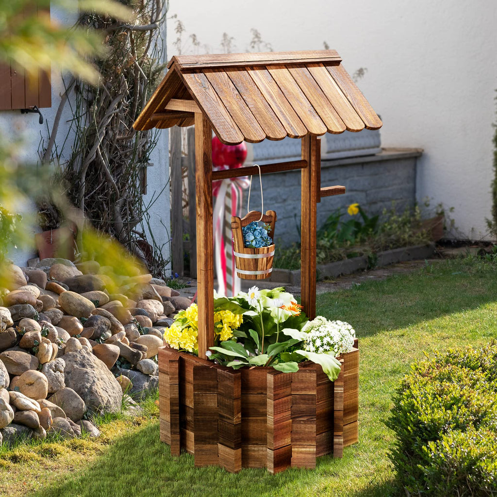 22" Wooden Wishing Well Planters with Hanging Bucket