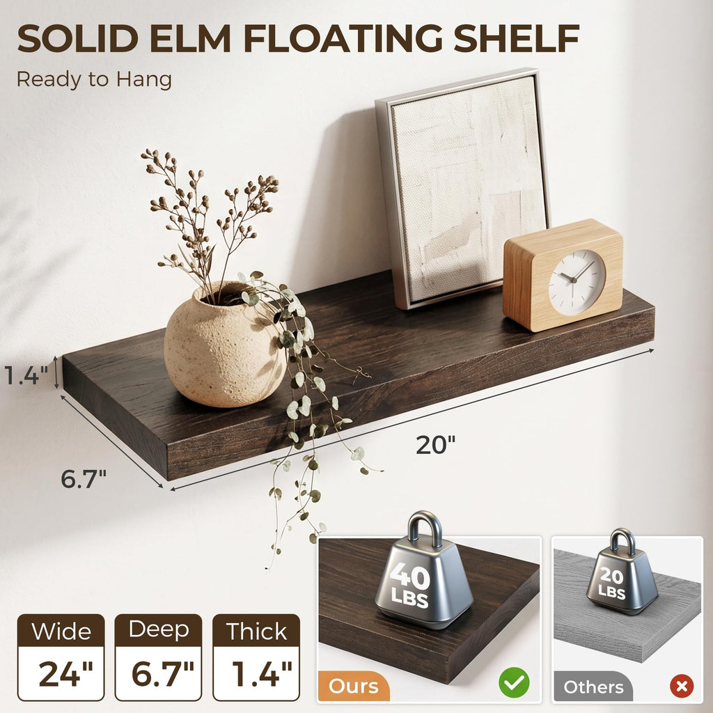 Elm Floating Shelves for Wall - 20 in Rustic Solid Wood Shelves with Heavy-Duty Invisible Bracket, Wall-Mounted
