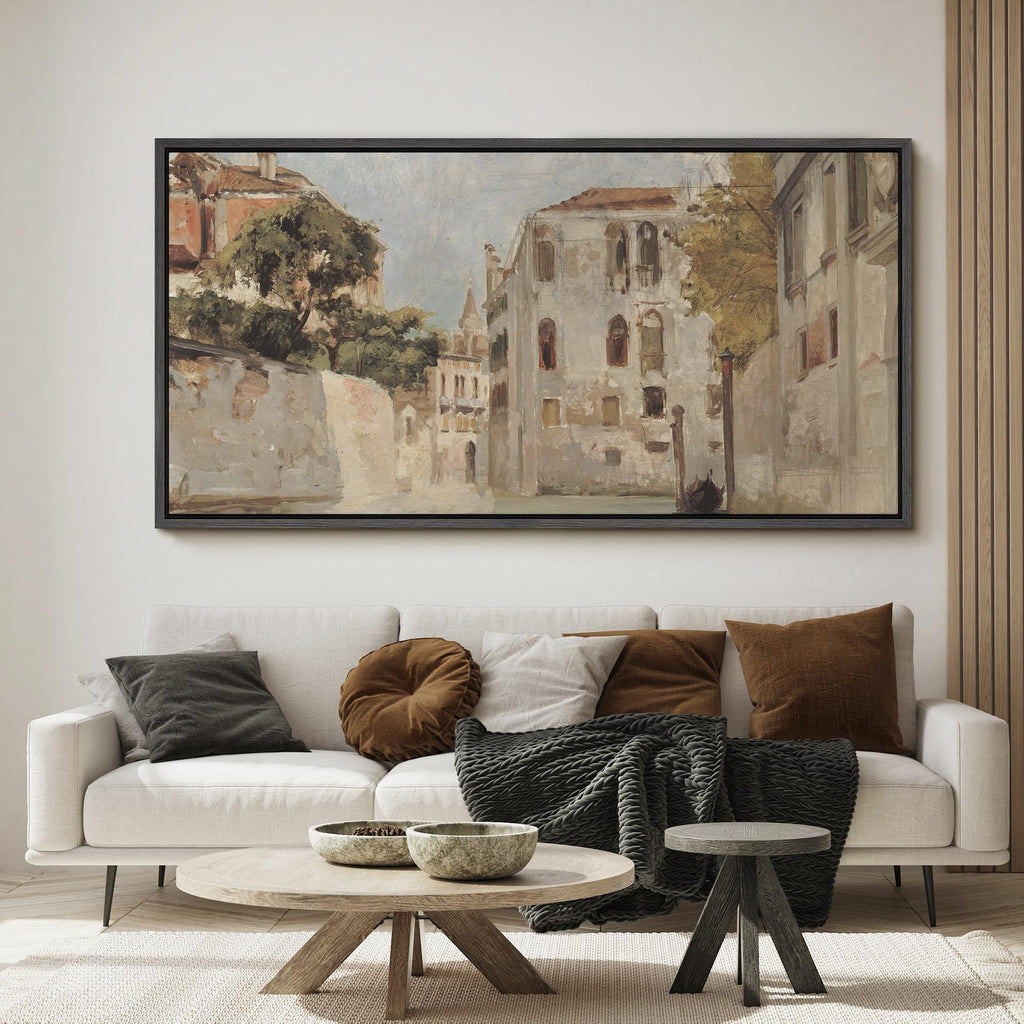 Extra Large Framed Canvas Print Wall European Street Scene Vintage Architecture Antique Retro Ready to Hang Painting