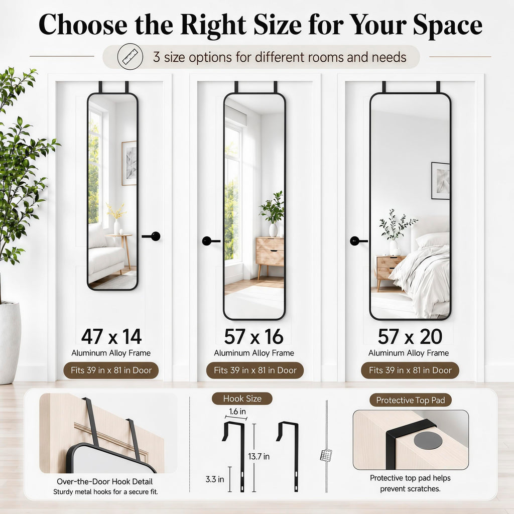 57x16" Full Length Mirror Floor Stand, Over the Door, Wall Mounted Black