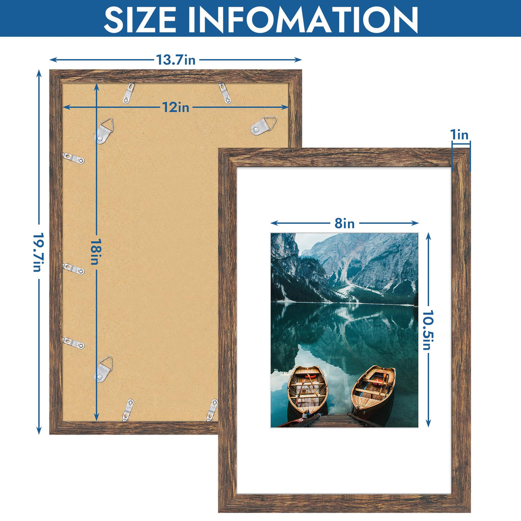 12x18 Picture Frame Set of 4, 12 x 18 Rustic Brown Wood(Mat 8.5x11)