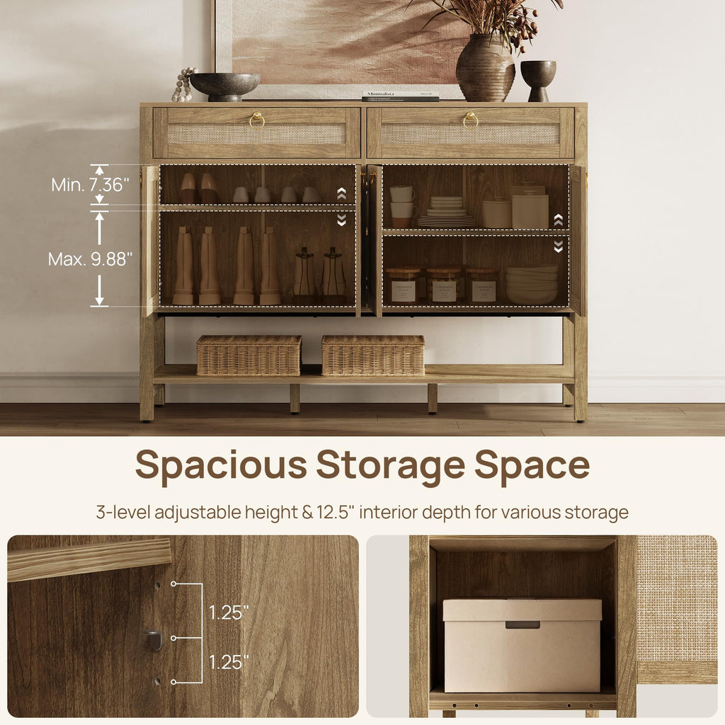 Rattan Sideboard Buffet Cabinet with 2 Drawers, 4 Doors, Credenza