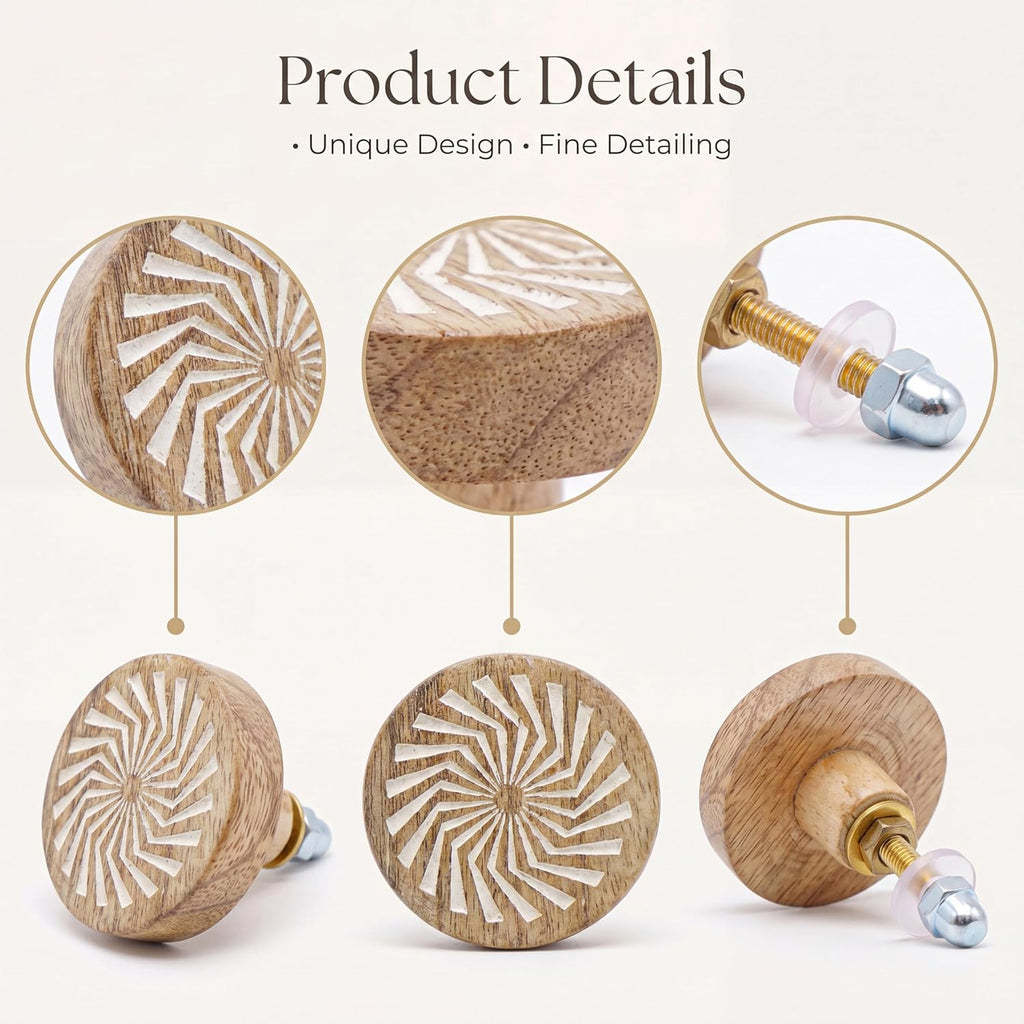 6 Pieces Boho Wooden Drawer Knobs - Brown Floral Knobs - Round Cabinet Knobs