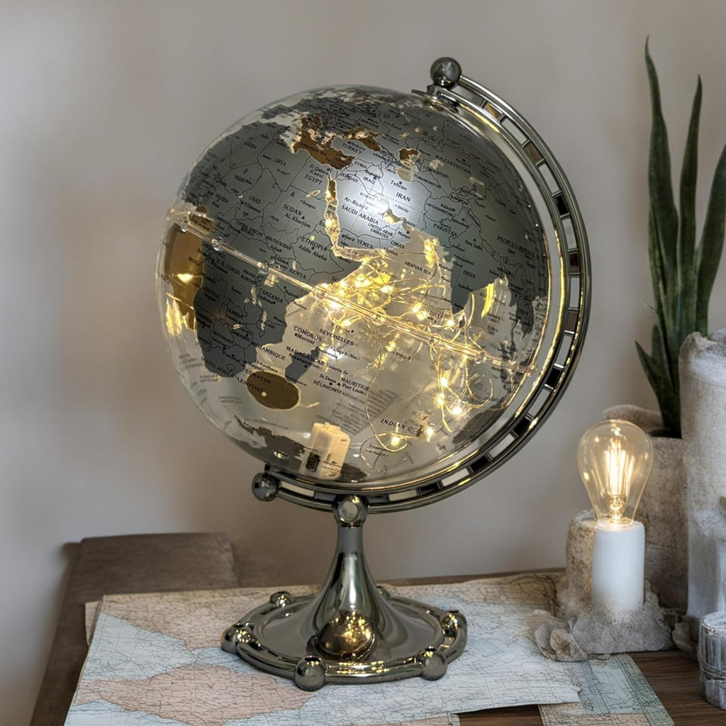 Silver Earth Globe, Diam. 20 cm/7.9 inches, World Map, 3 meter String Lights, Warm White Light
