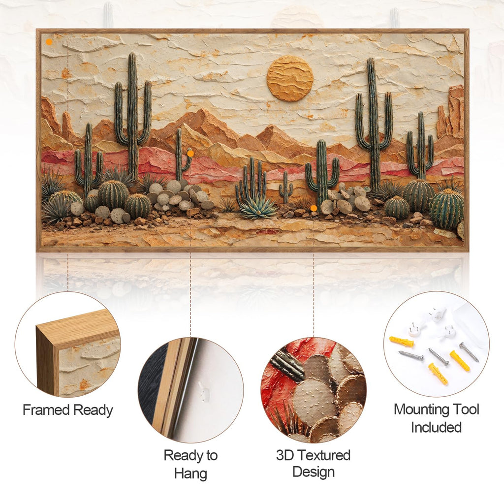 3D Textured Cactus Arizona Desert Framed Canvas Wall Art 40x20 Inch
