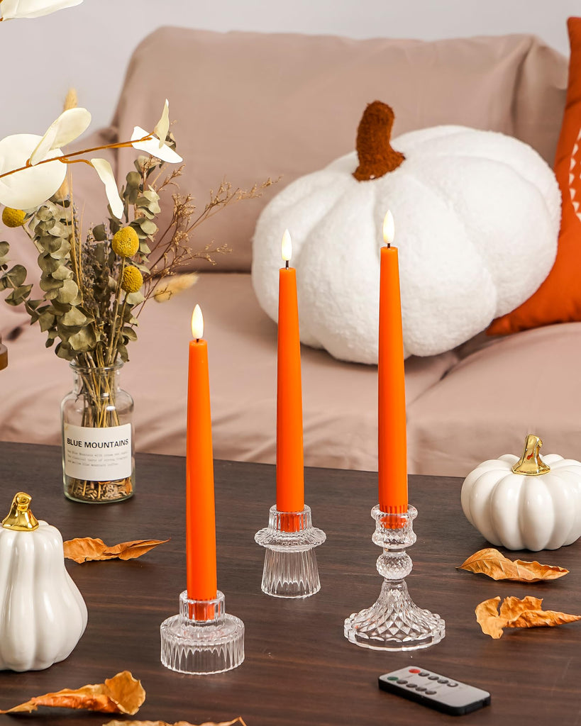 Fall Decor, Orange Flameless Taper Candles with Remote and Timer, Real Wax