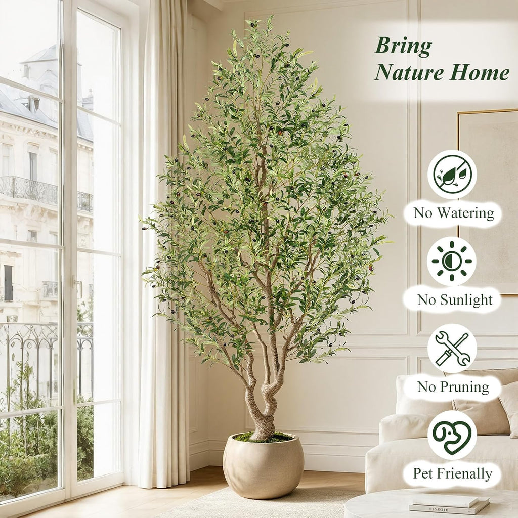 9ft Faux Olive Tree - Large Artificial Olive Tree with Realistic 2006 Leaves and 157 Olives - Lush and Elegant Fake