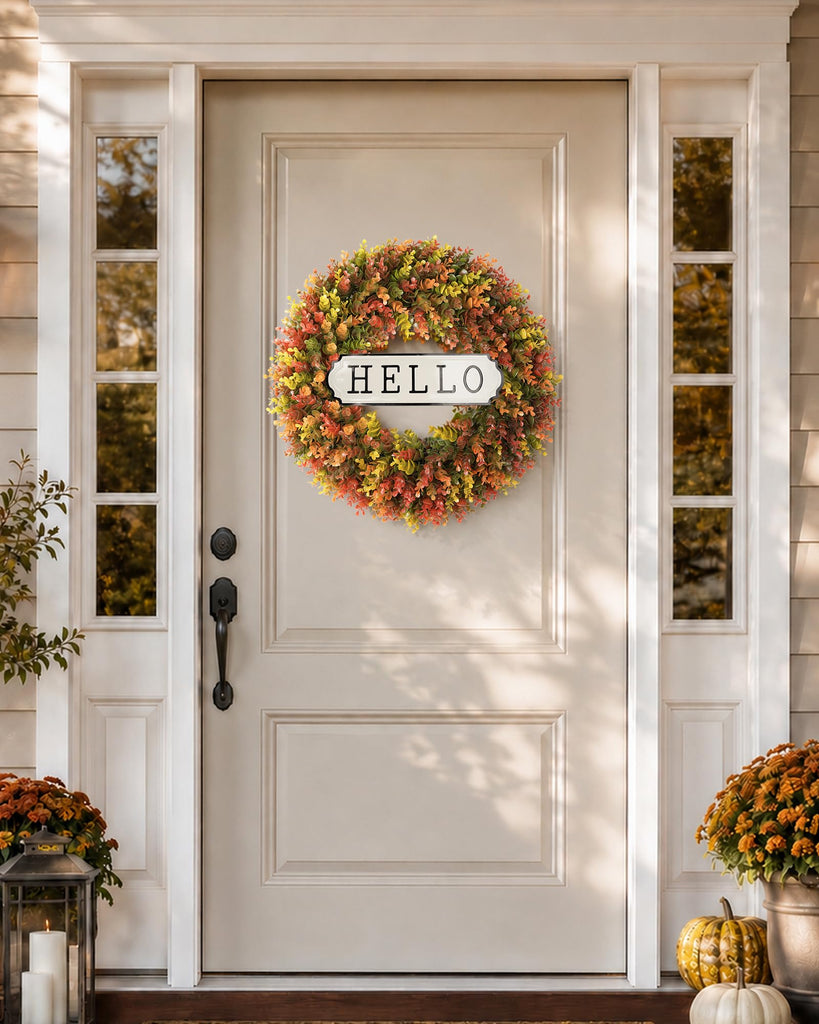 24" Fall Wreath for Front Door, Artificial Boxwood Autumn Wreath