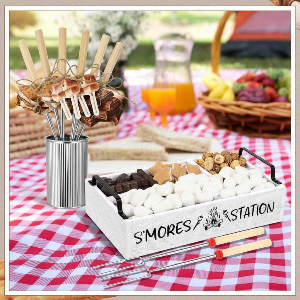 35 Pcs Smores Station Box Farmhouse, Flame Pattern, White