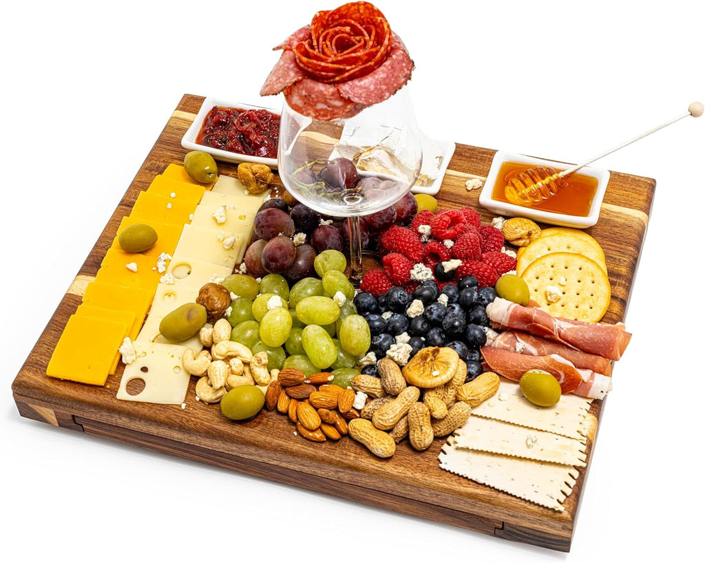 Premium Acacia Wood Charcuterie Board Set with Hidden Drawer, Cheese Board Gift Set, 2 Cheese Knives, Cheese Fork & 5