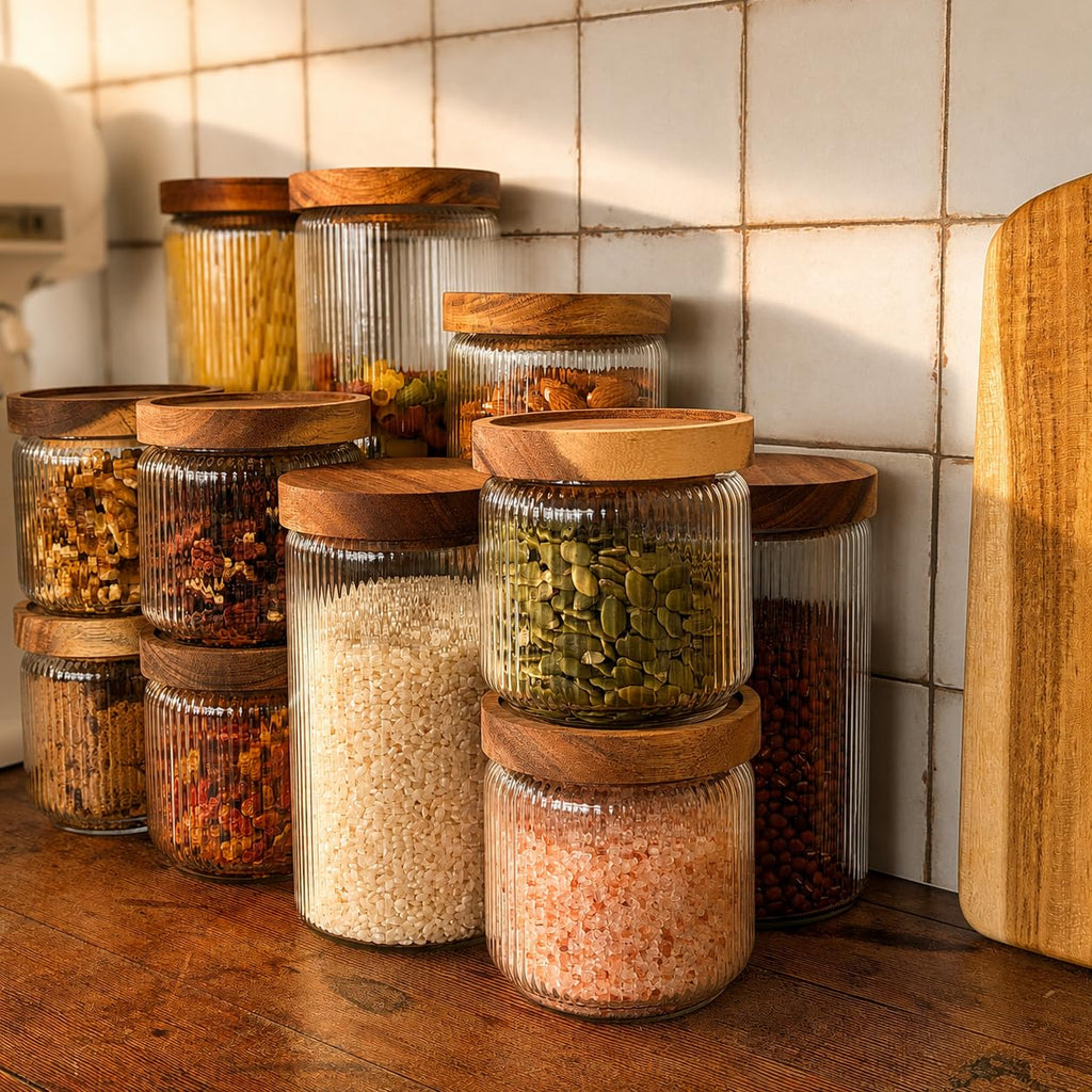 12 fl oz, 350ml Glass Food Storage Jars with Wood Lids (6pcs) - Stylish Ribbed Pattern Organization and Storage