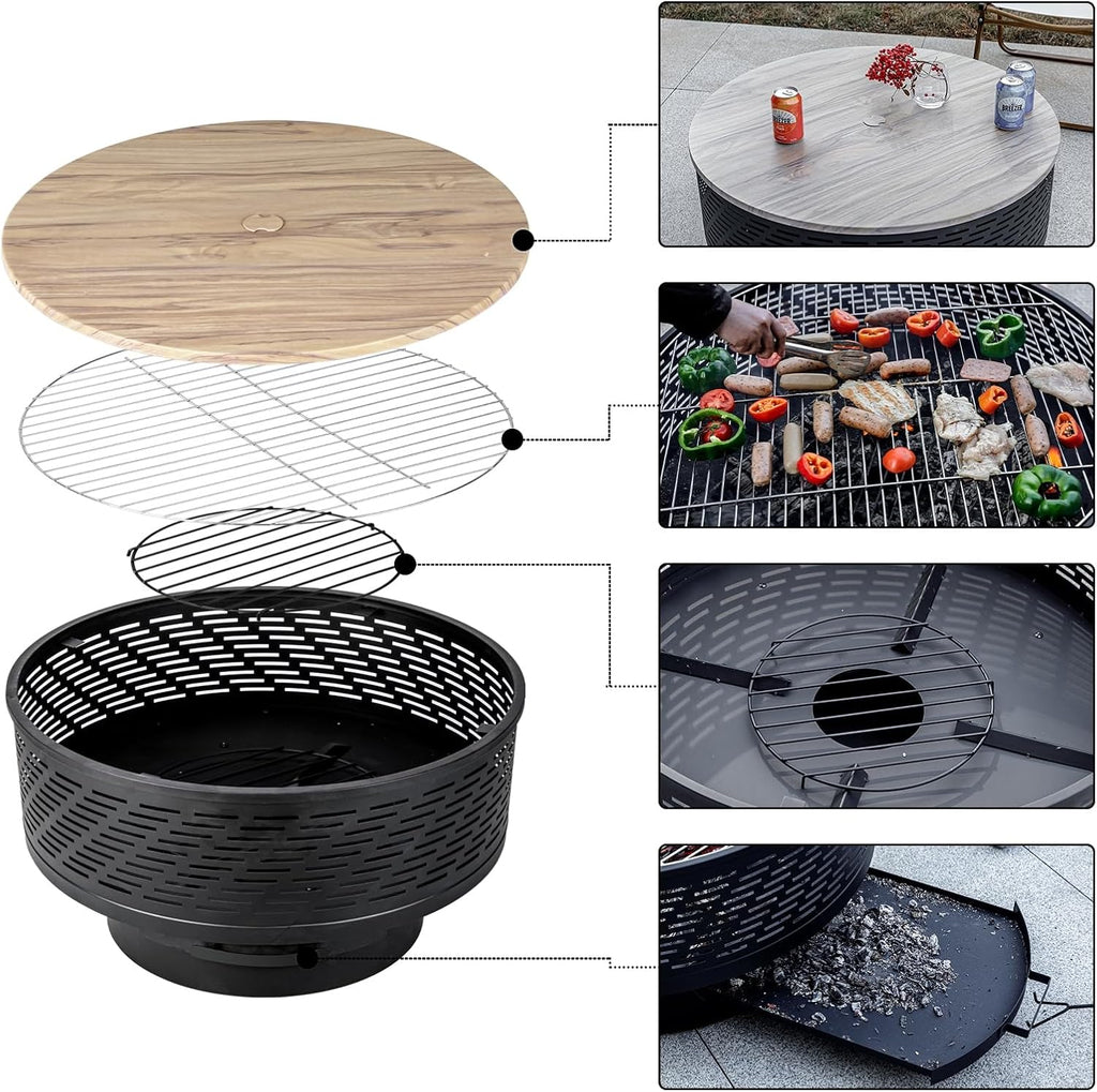 32" Wood Burning Fire Pits with Grill & Lid, Fire Pit Table for Outside with Waterproof Cover & Fire Poker