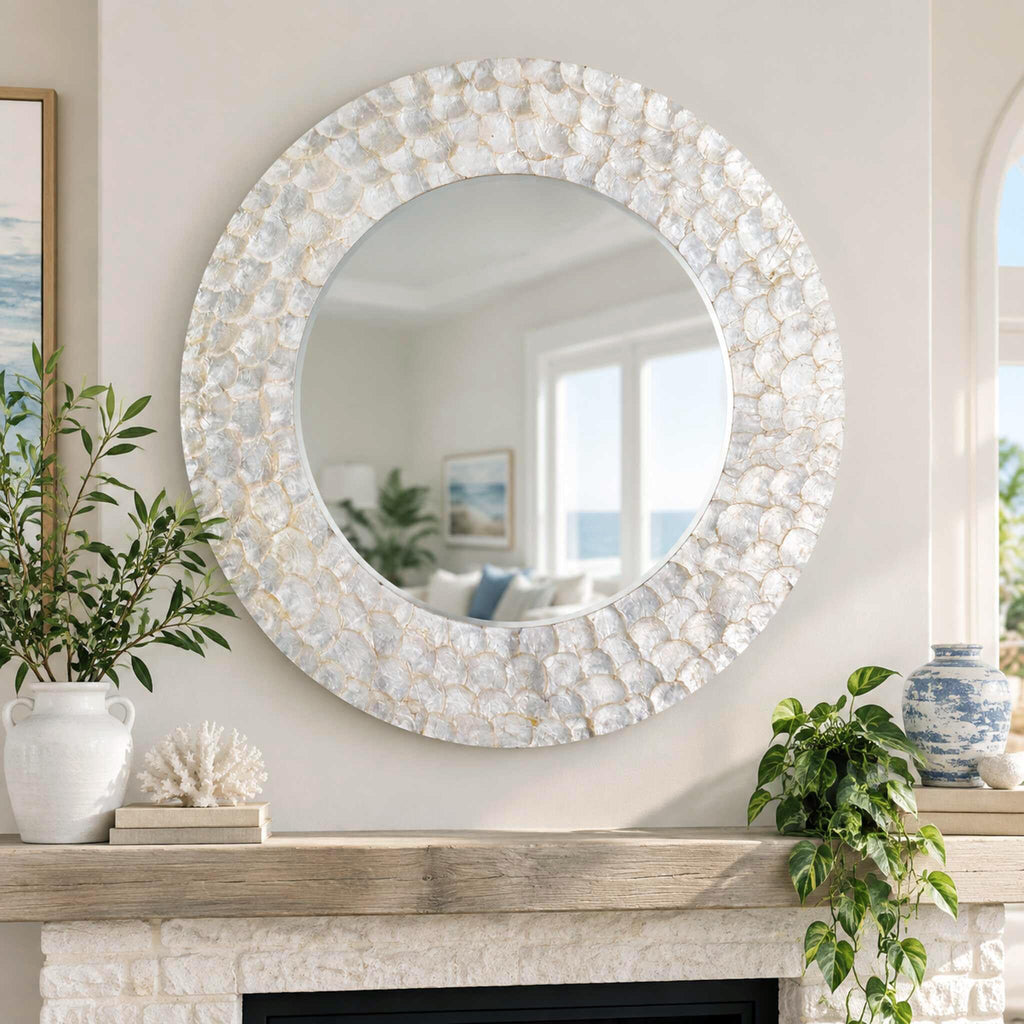 Round Coastal Mirror with Capiz Shell Frame, 36'' Large Circle Bathroom Mirrors, Decorative Wall Mirror Dining Room