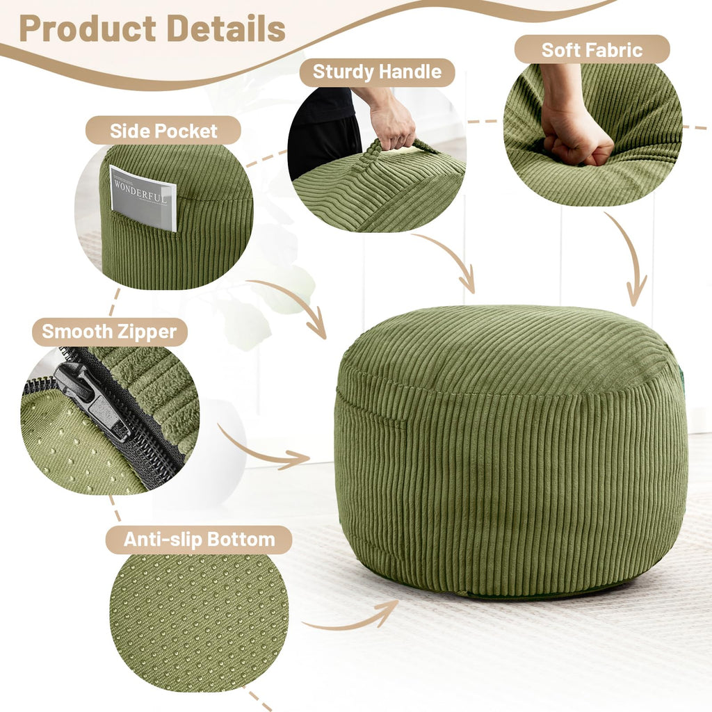 Round Stuffed Pouf Ottoman (Green, 26" D x 26" W x 18" H)