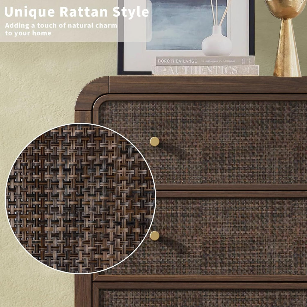 5 Drawer Tall Dresser , 47'' Rattan Dresser with Ample Storage, Boho Chest of Drawers, Thickened Curved Profile