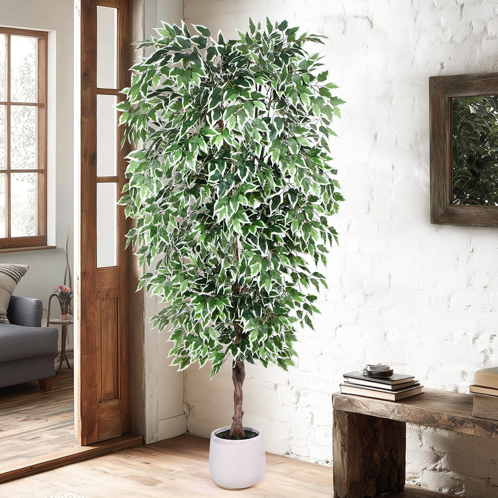 Artificial Ficus Tree-7FT Faux Tree with Natural Curved Trunks and White Pot, Lush Fake Silk Tree Artificial Plants