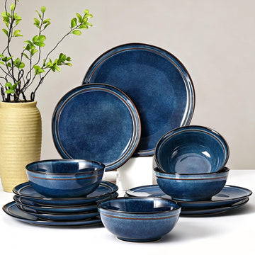 Plates and Bowls Sets 12 Pieces, Blue Reactive Glaze Dinnerware Set