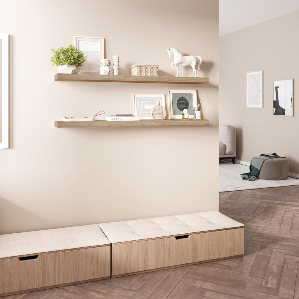 Floating Shelves for Wall, 48" Wood Wall Shelf Set of 2, with Invisible Brackets, 8" Deep, Oak Finish