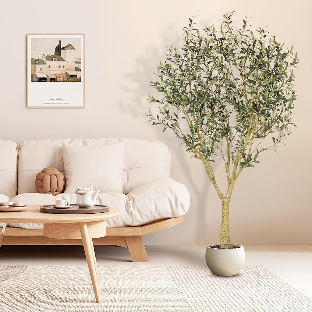 7ft Artificial Olive Tree with Natural Wood Trunk - Tall Indoor Floor Tree , and Office Decor