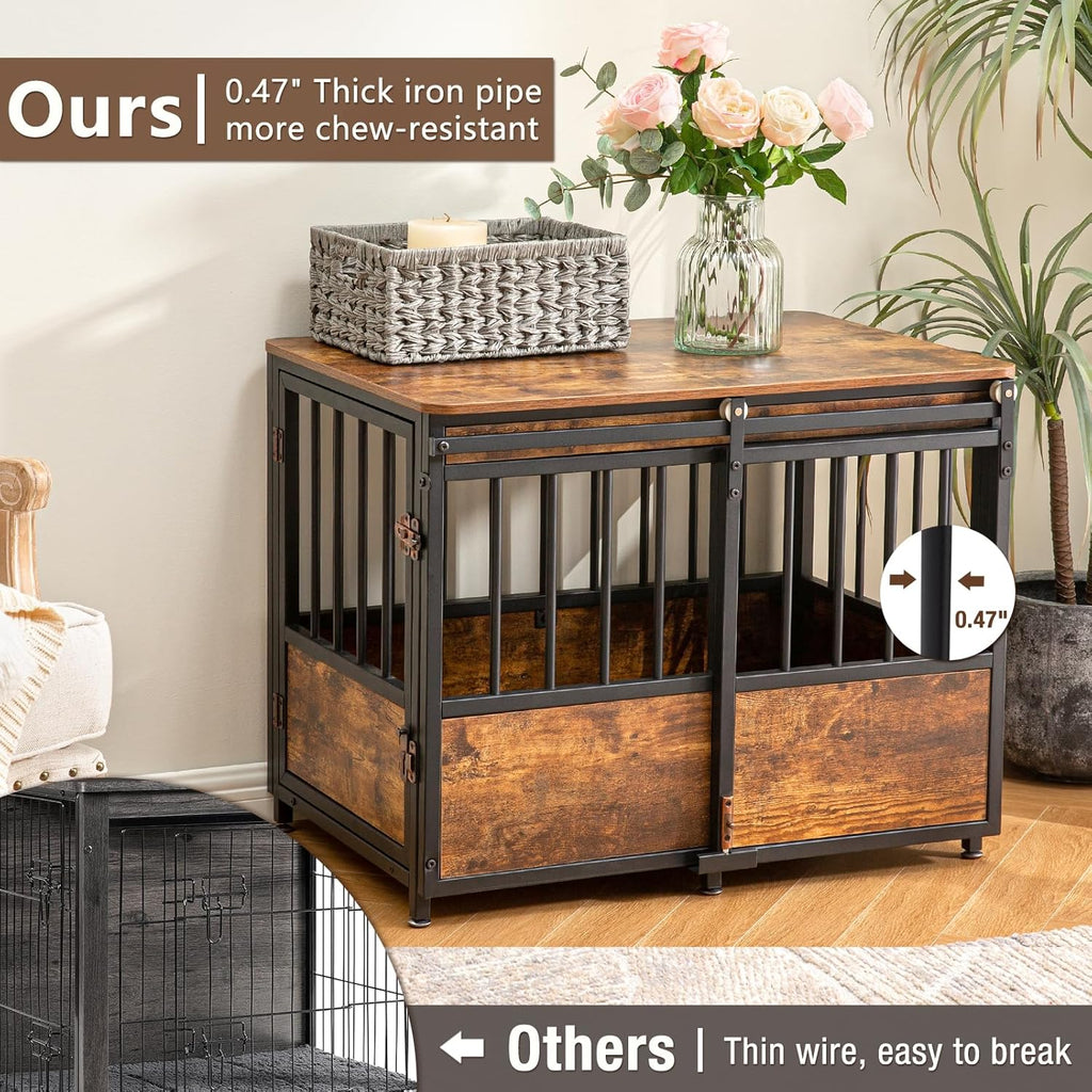32 Inch Dog Crate Furniture with Cushion for Large Medium Dogs, Wooden Heavy Duty Dog Kennel with Double Doors
