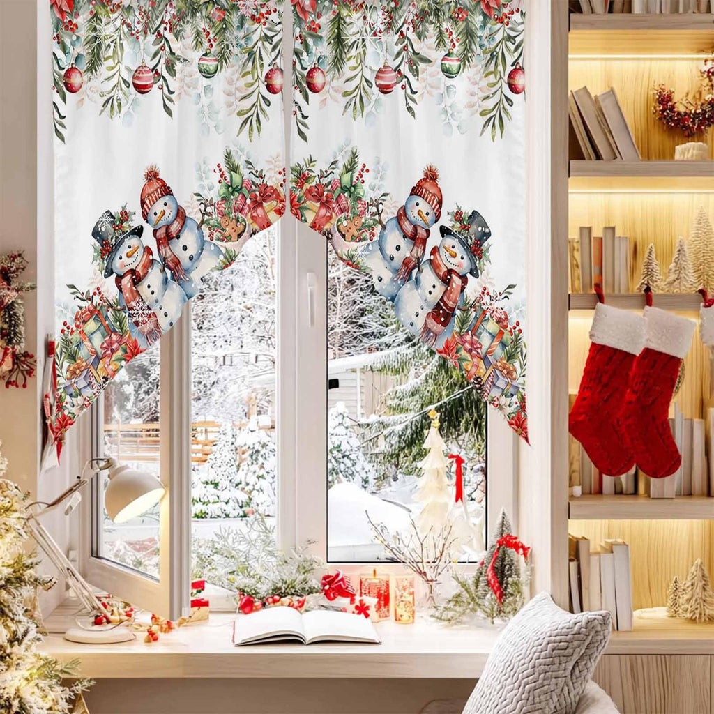 Christmas Red Eucalyptus Leaves Curtain Valance for Window, Farmhouse Swag Curtains, Cute Snowman Valance Bathroom